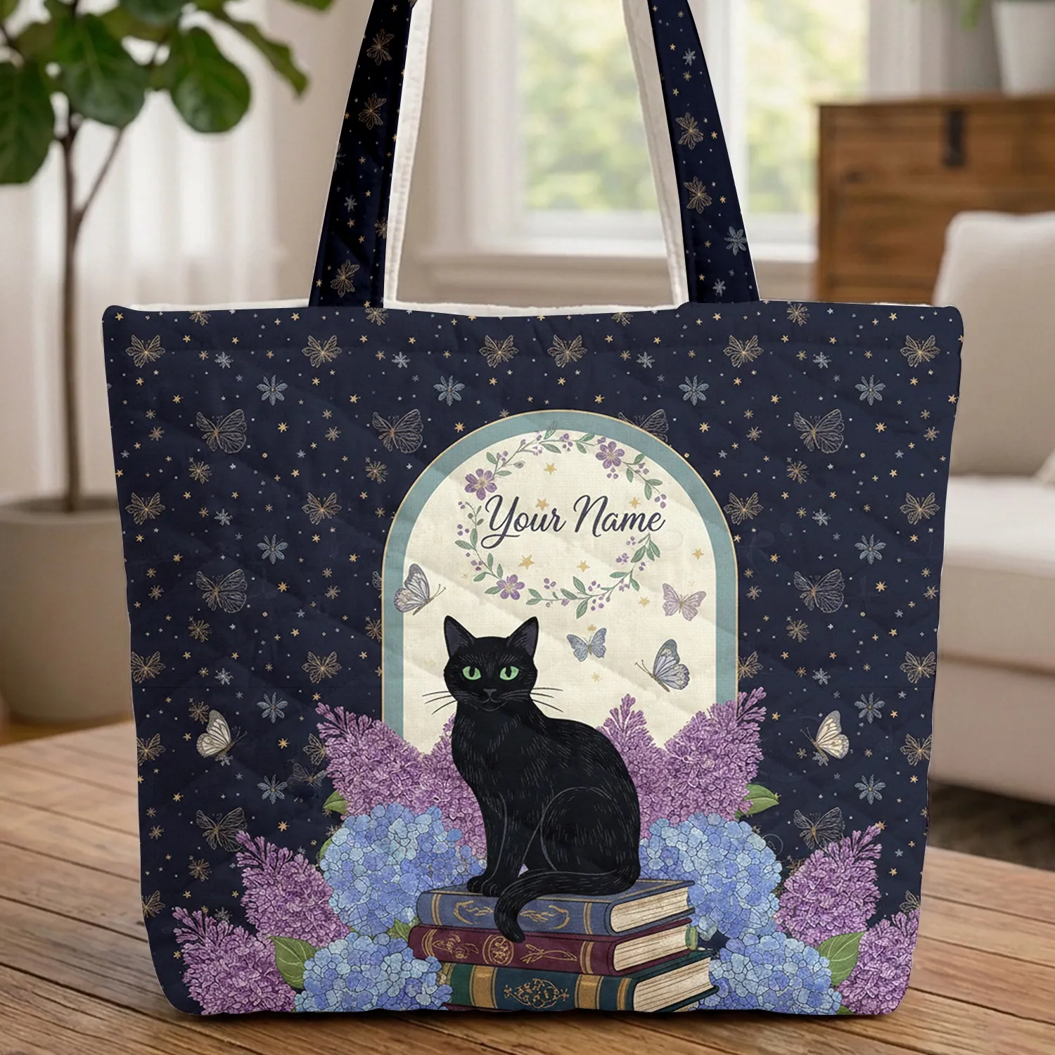 Black Cat Antique Books Lilacs Your Name - Everyday Carry Gift for Cat Lovers Quilted Tote Bag - 1