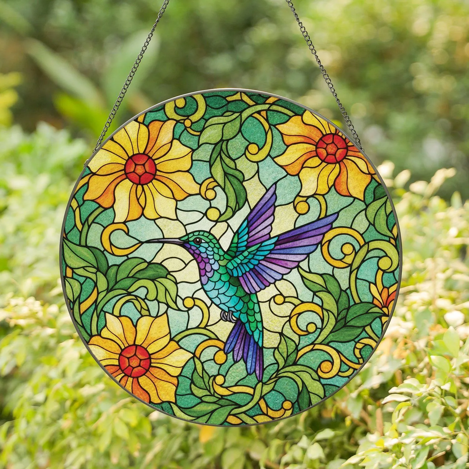 Iridescent Hummingbird Floral Mosaic - Home Decor Gift for Bird Lover Stained Glass Suncatcher - 1