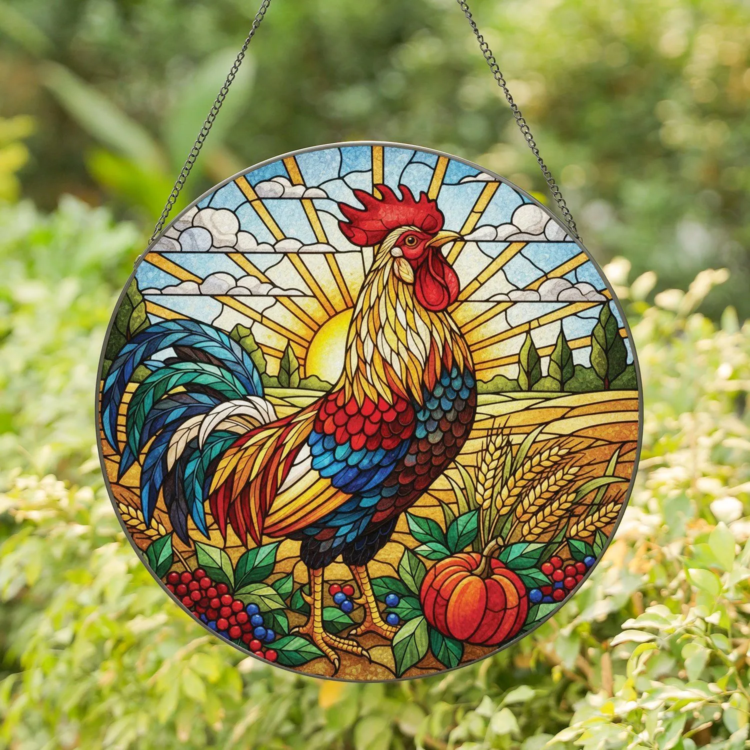 Rooster Berries Wheat Golden Field Rural Landscape - Farmhouse Home Decor Gift for Rooster Lover Stained Glass Suncatcher - 1