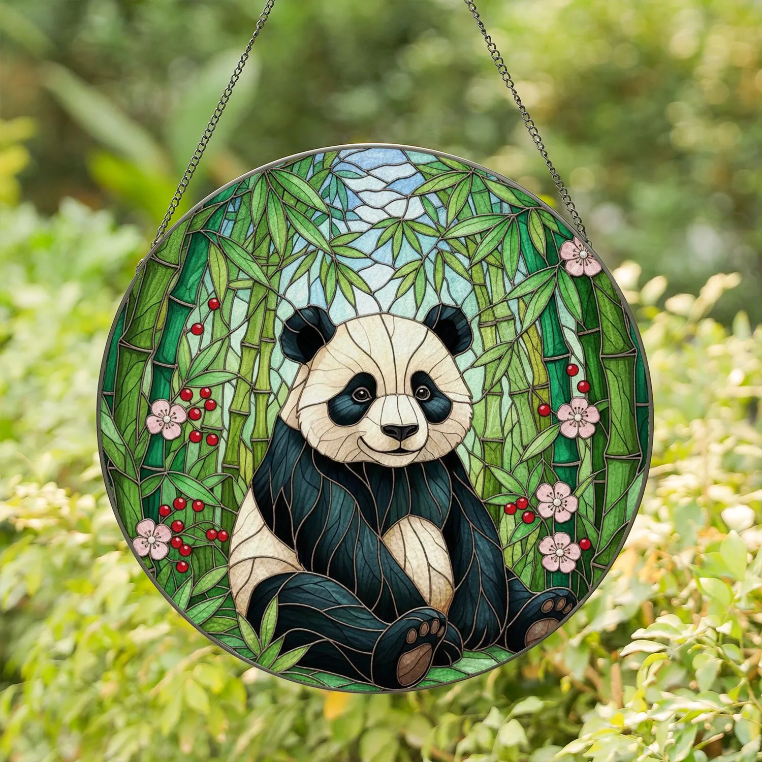 Panda Bear Bamboo Forest Leaves Flowers Berries - Home Decor Gift for Wildlife Lovers Stained Glass Suncatcher - 1