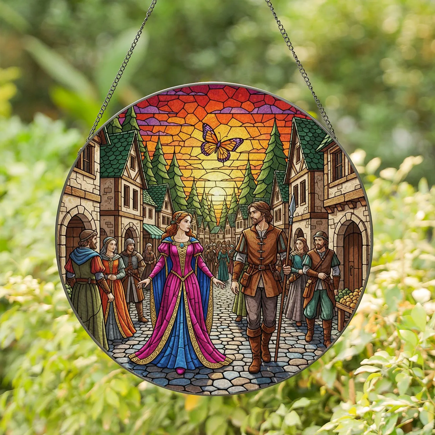 Medieval Fantasy Village Couple Butterfly - Home Decor Gift for Fantasy Lovers Stained Glass Suncatcher - 1