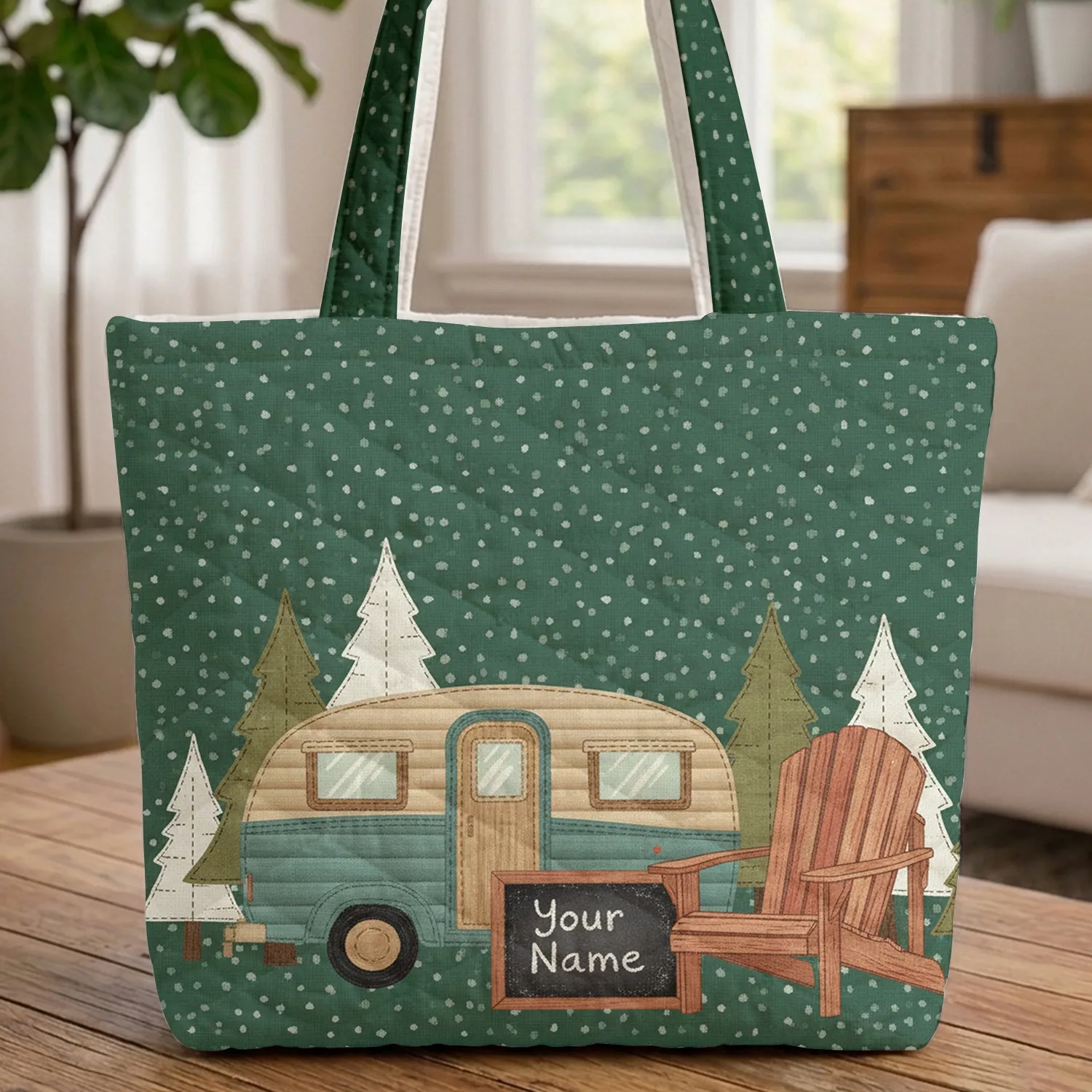 Campervan Adirondack Chair Pine Trees - Travel Essentials Everyday Carry Gift for Camping Lover Quilted Tote Bag - 1
