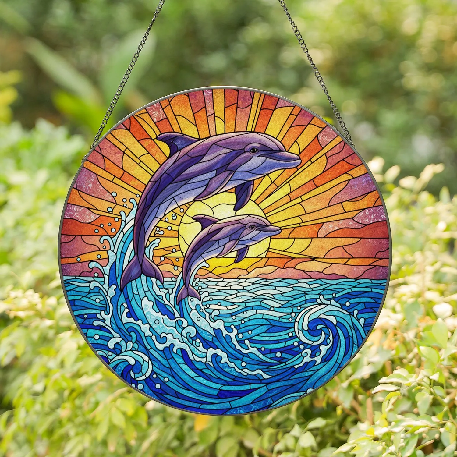 Adult & Young Dolphins Leaping Sunrise Ocean - Home Decor Gift for Wildlife Lovers Stained Glass Suncatcher - 1