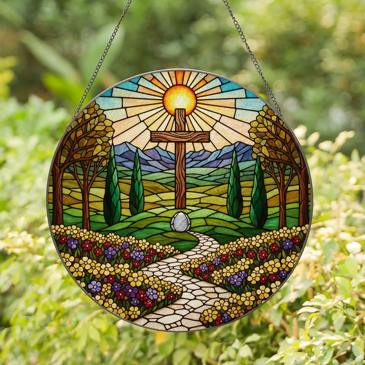 Wooden Cross Radiant Sun Stone Path Flower Hill Mountain Landscape - Christian Home Decor Gift Stained Glass Suncatcher - 1