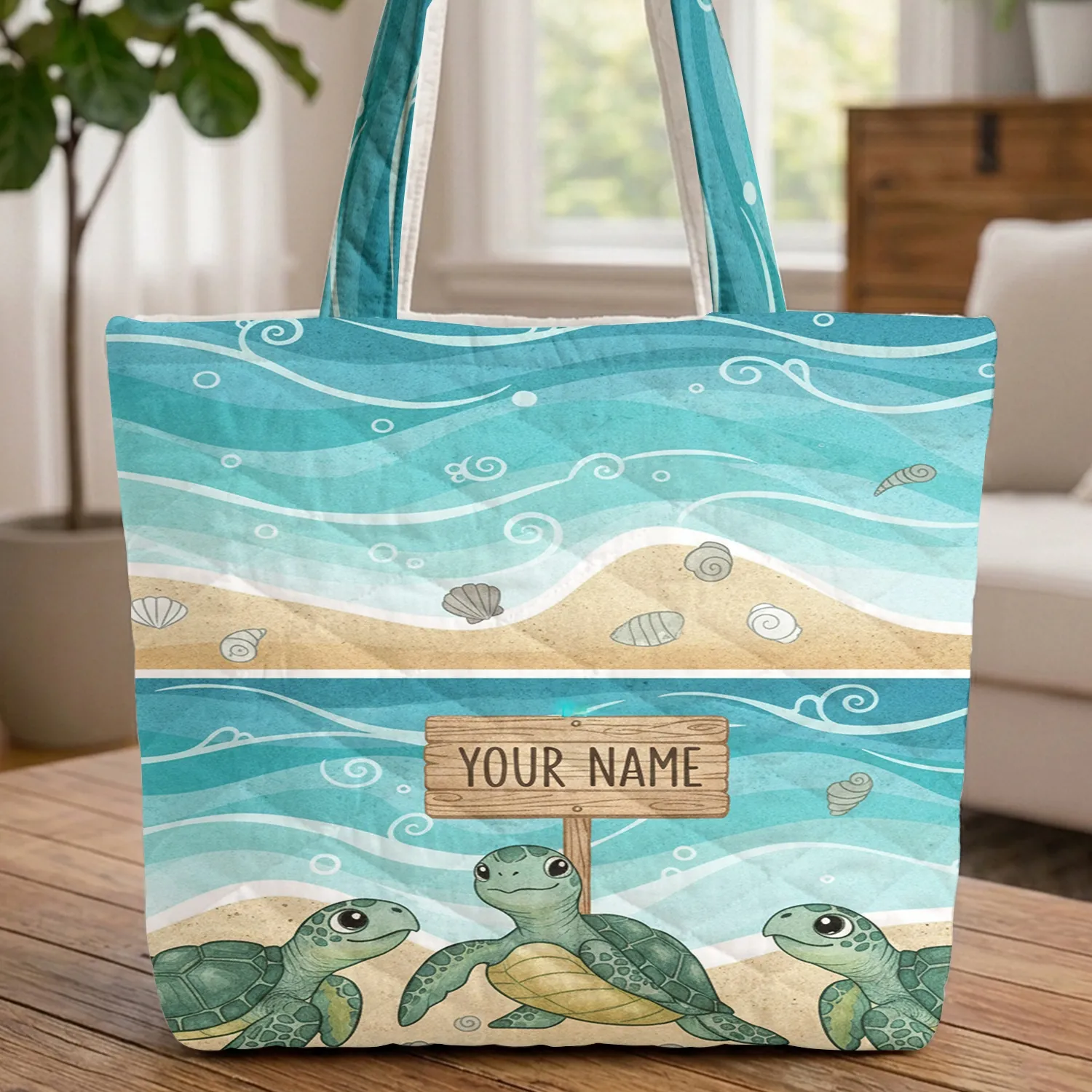Sea Turtles Ocean Beach Scene Personalized Wooden Sign Everyday Carry Gift Quilted Tote Bag - 1
