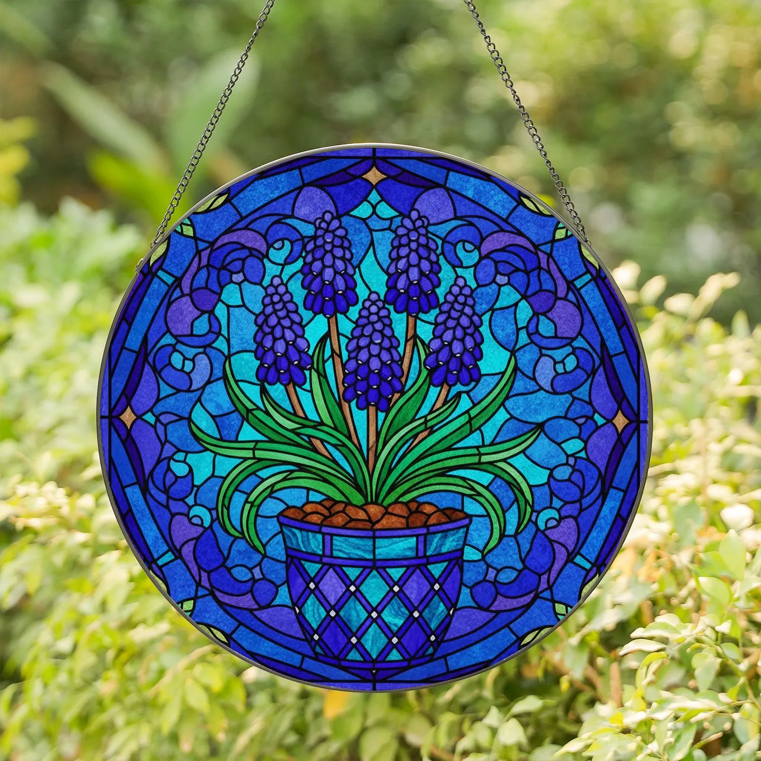 Grape Hyacinth Plant Pot Stained Glass Geometric Mosaic - Home Decor Gift Stained Glass Suncatcher - 1