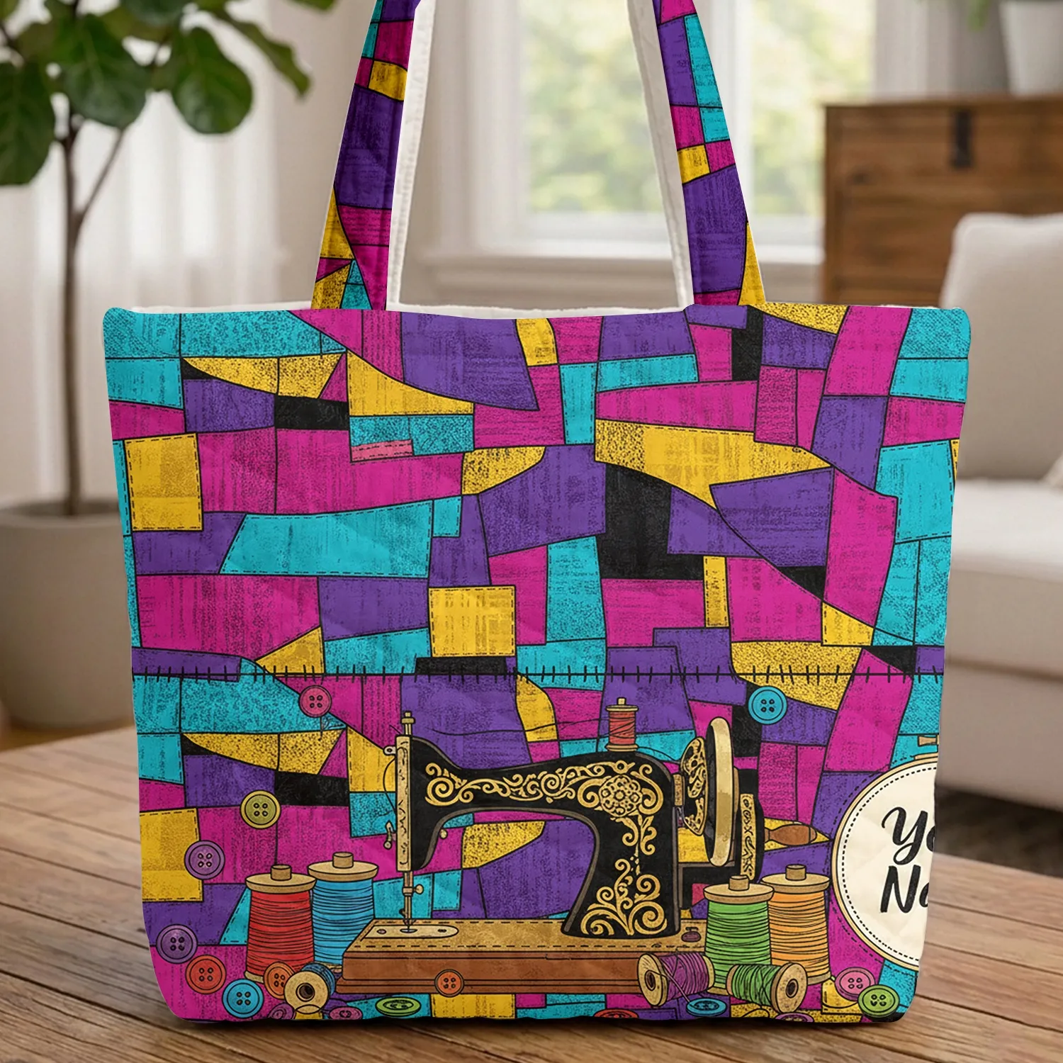 Ornate Vintage Sewing Machine Personalized Hoop Crafter Gift Quilted Tote Bag - 1