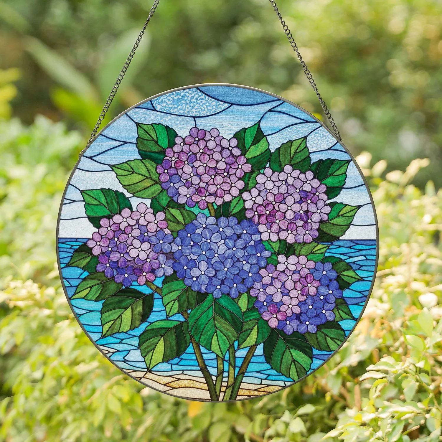 Lush Jewel Tone Hydrangea Flowers Stained Glass Mosaic Seascape - Home Decor Gift Stained Glass Suncatcher - 1