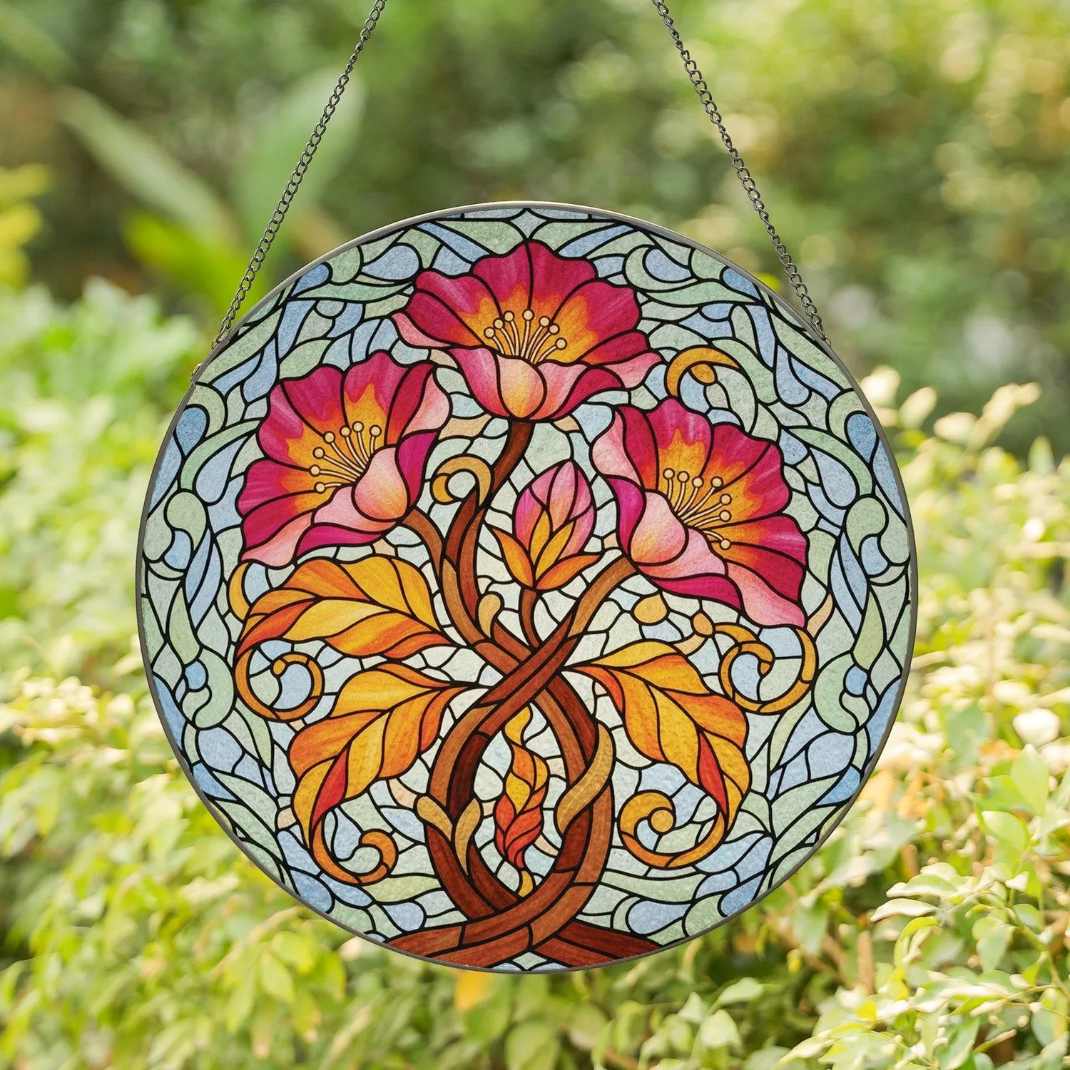 Large Blooming Flowers Stamens Gnarled Stem Leaves - Home Decor Gift for Flower Lover Stained Glass Suncatcher - 1
