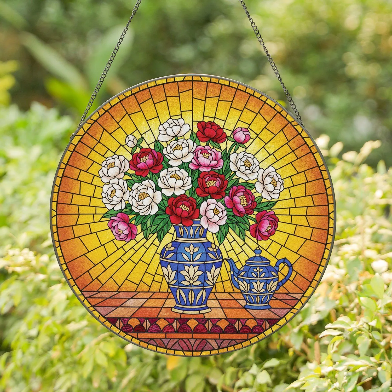 Peony Bouquet Cobalt Vase Geometric Stained Glass - Home Decor Gift for Floral Lover Stained Glass Suncatcher - 1