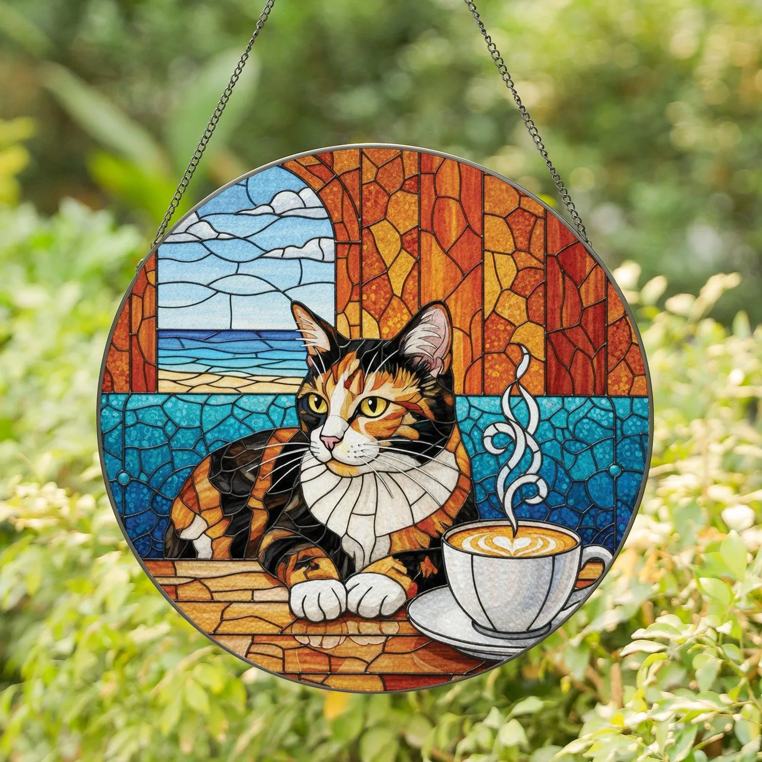Calico Cat Coffee Cup Ocean Beach Vista - Everyday Home Decor Gift for Cat Lover Stained Glass Suncatcher - 1