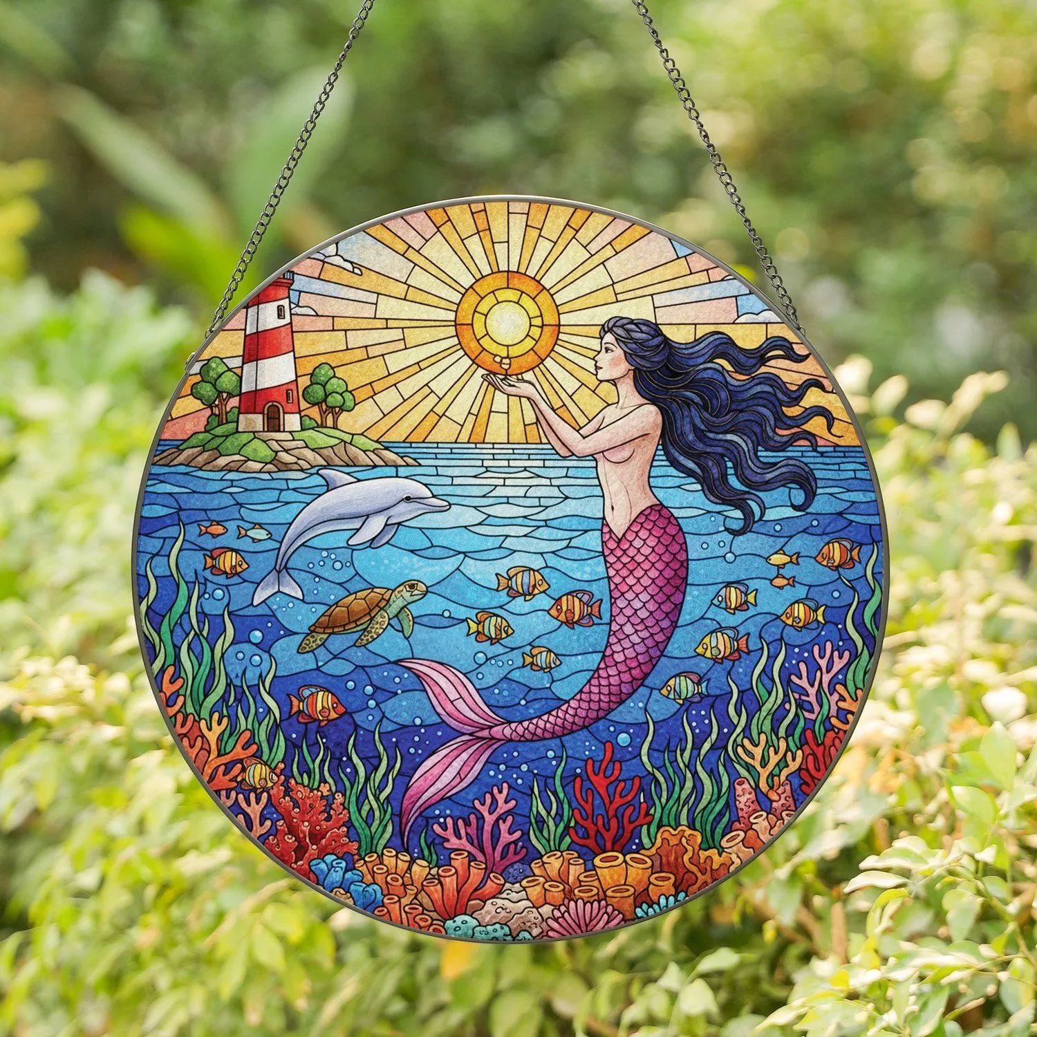 Graceful Mermaid Lighthouse Dolphin Sea Turtle Ocean Coral Reef - Home Decor Gift Stained Glass Suncatcher - 1