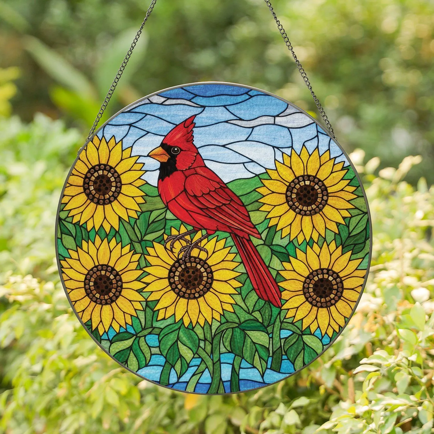 Red Cardinal Sunflowers Hills Water Landscape - Bird Watcher Home Decor Gift Stained Glass Suncatcher - 1