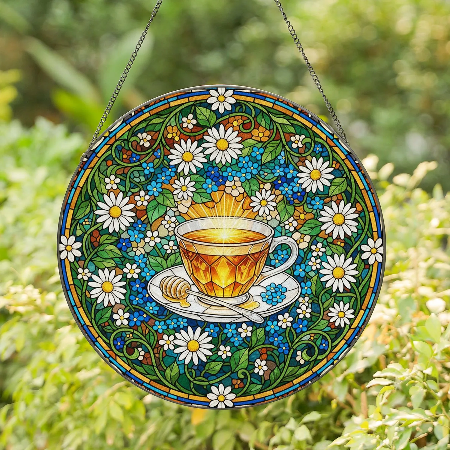 Tiffany Glass Teacup Golden Tea White Daisy Flowers - Home Decor Gift for Tea Lovers Stained Glass Suncatcher - 1