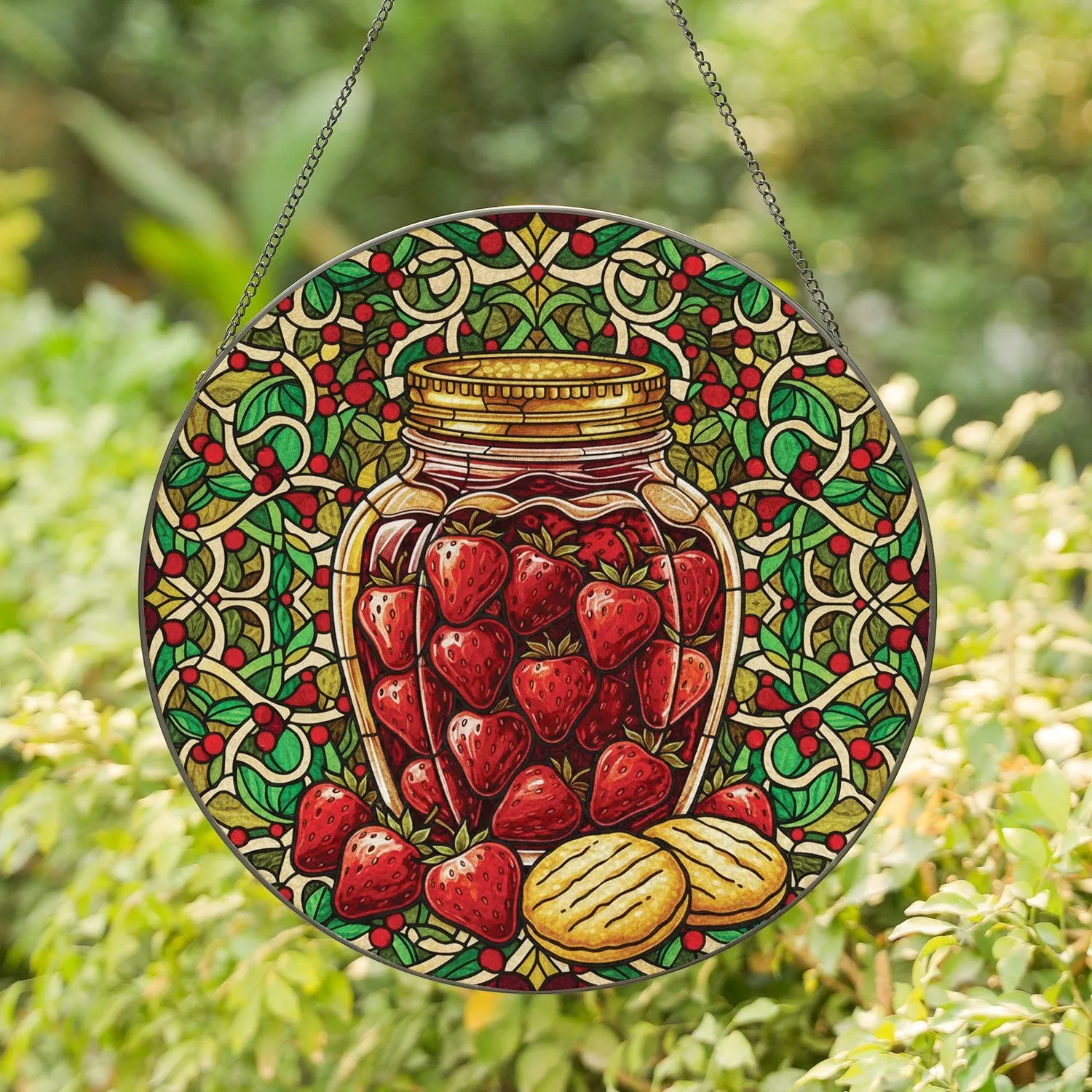 Strawberry Jam Jar Shortbread Cookies Leaf Berry - Kitchen Decor Gift Stained Glass Suncatcher - 1