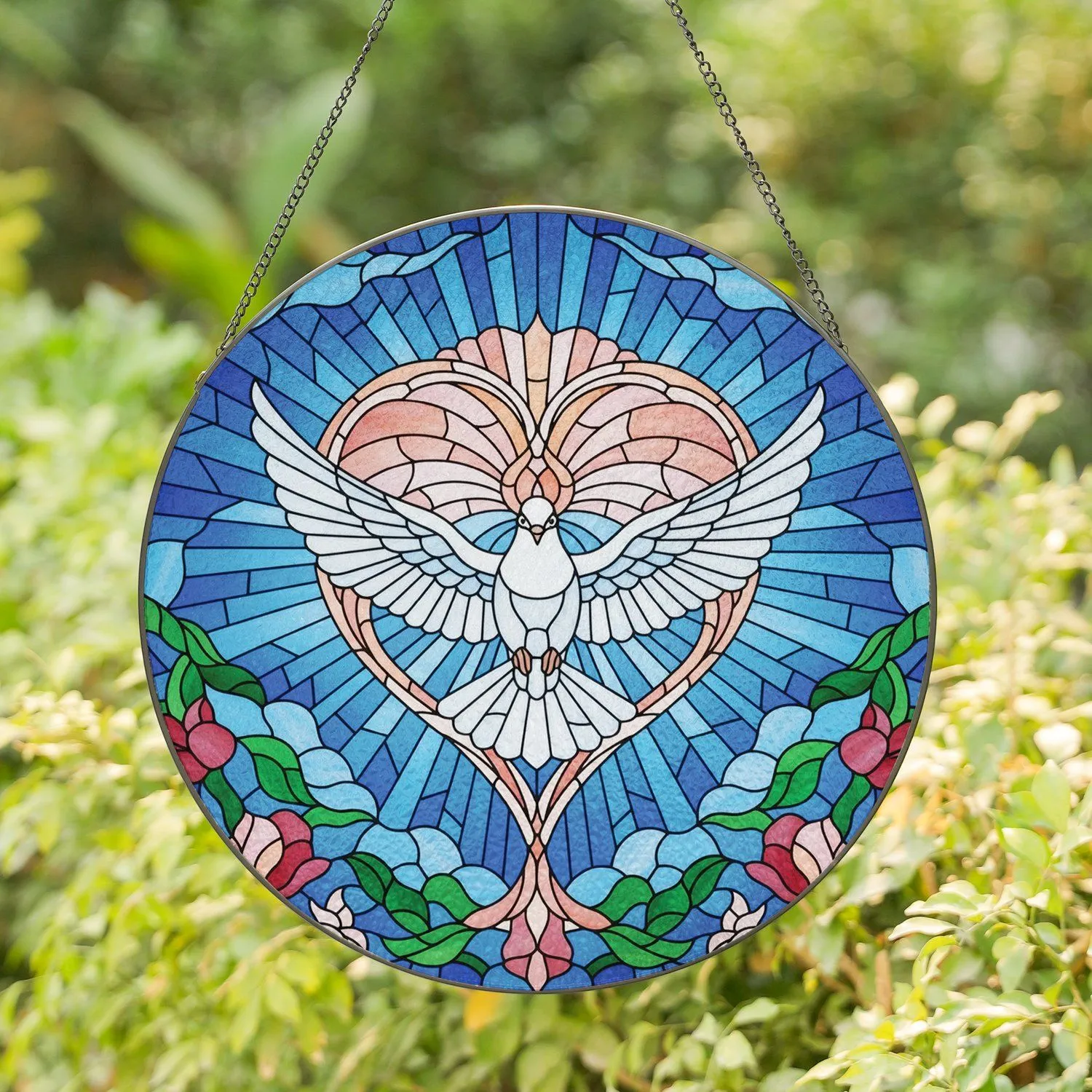 White Dove Heart Floral - Everyday Home Decor Gift for Bird Lover Stained Glass Suncatcher - 1