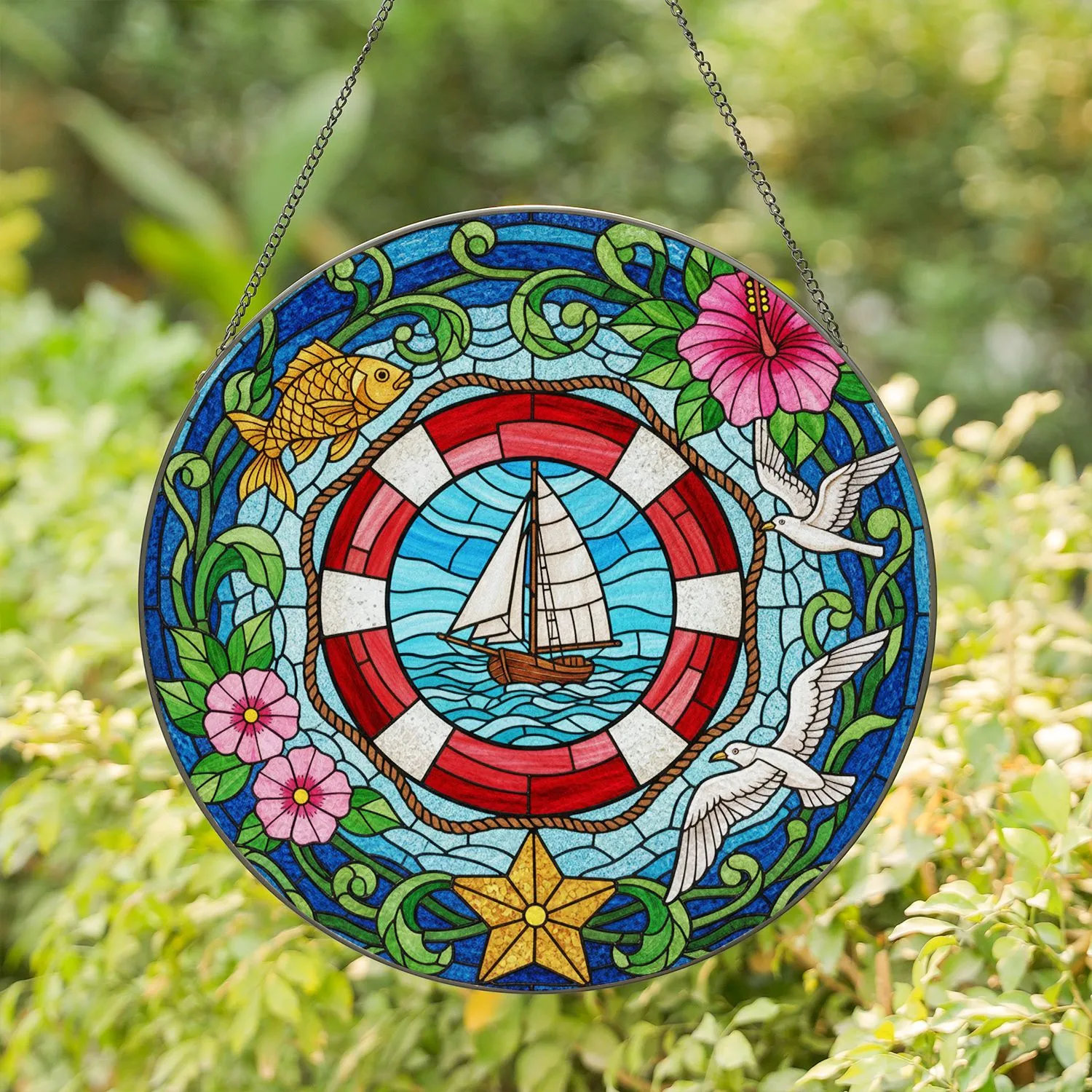 Lifebuoy Sailboat Ocean Scene Seagull Fish Hibiscus Flowers - Ocean Lover Gift Stained Glass Suncatcher - 1