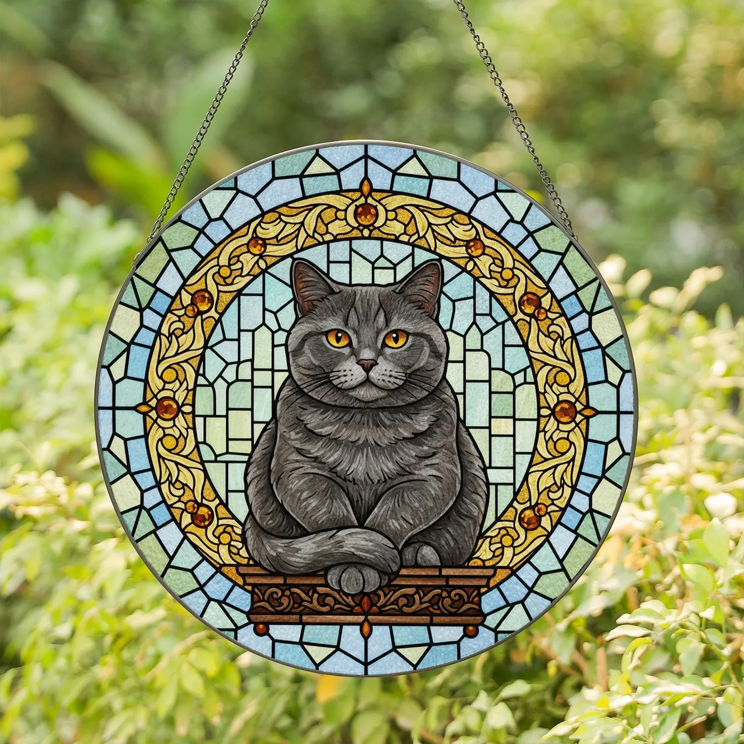 Tiffany Style British Shorthair Cat Amber Eyes Golden Floral - Cat Lover Home Decor Gift Stained Glass Suncatcher - 1