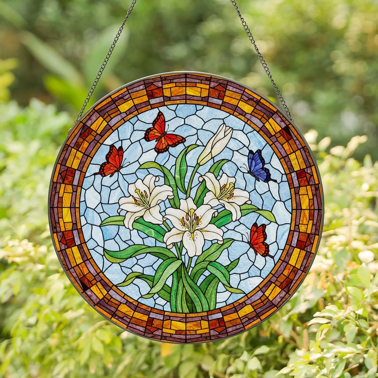 Tiffany Glass White Lily Foliage Butterflies Mosaic - Nature Lover Home Decor Gift Stained Glass Suncatcher - 1