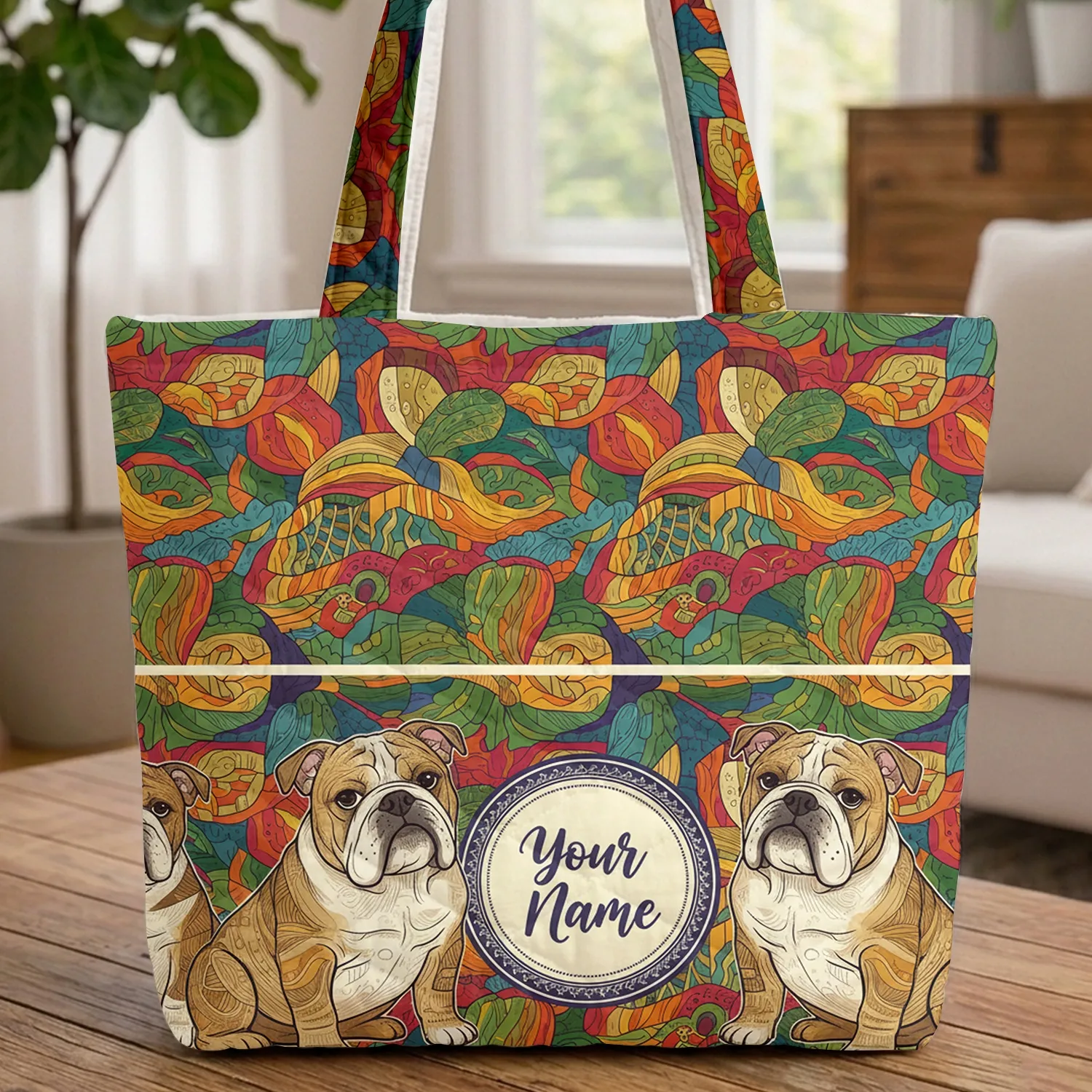 Three Sitting English Bulldogs Organic Landscape Everyday Carry Gift for Dog Moms Quilted Tote Bag - 1