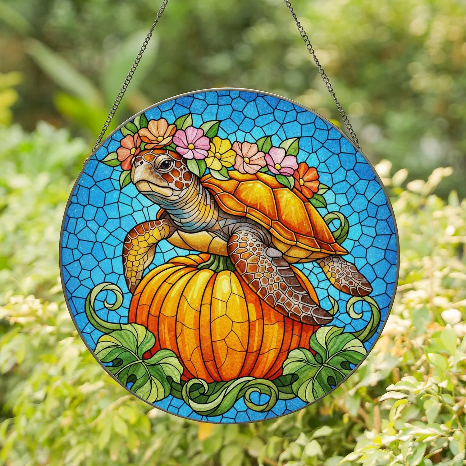 Sea Turtle Floral Crown Pumpkin Green Leaves Blue Sky Mosaic - Fall Home Decor Gift Stained Glass Suncatcher - 1