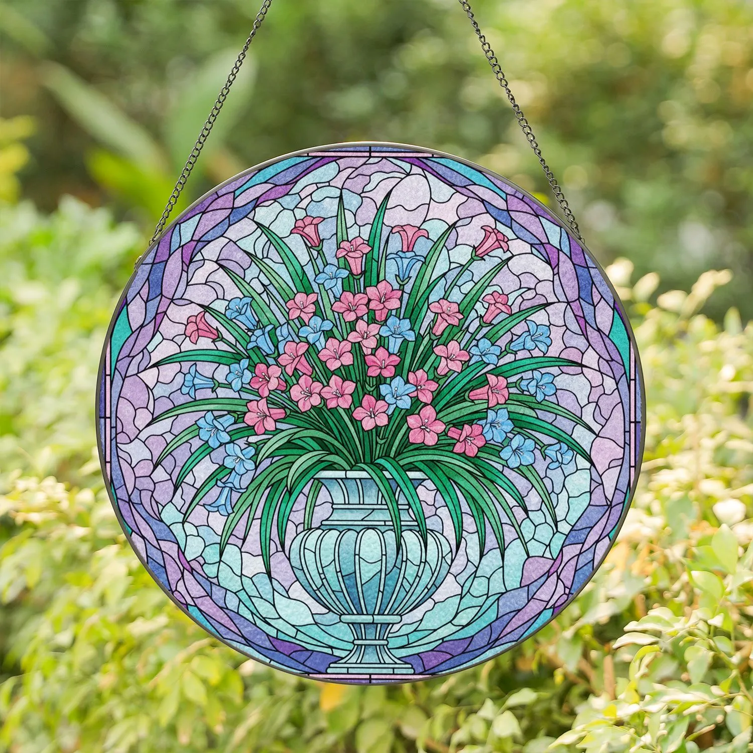 Ornate Fluted Vase Bell Flowers Bouquet Vibrant Green Leaves - Home Decor Gift Stained Glass Suncatcher - 1