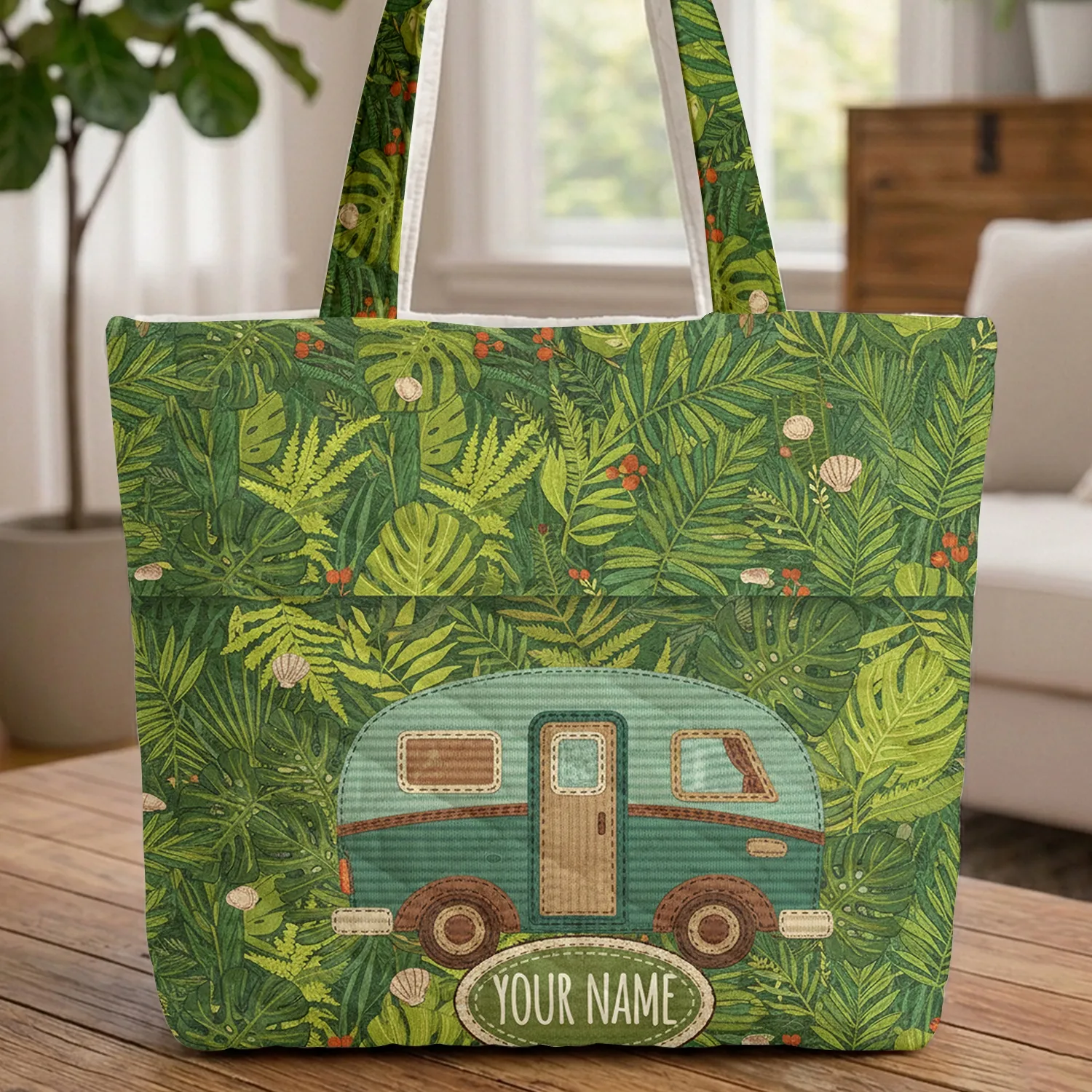 Retro Camper Van Tropical Foliage Vintage Enamel Plaque - Travel Essentials Traveler Quilted Tote Bag - 1