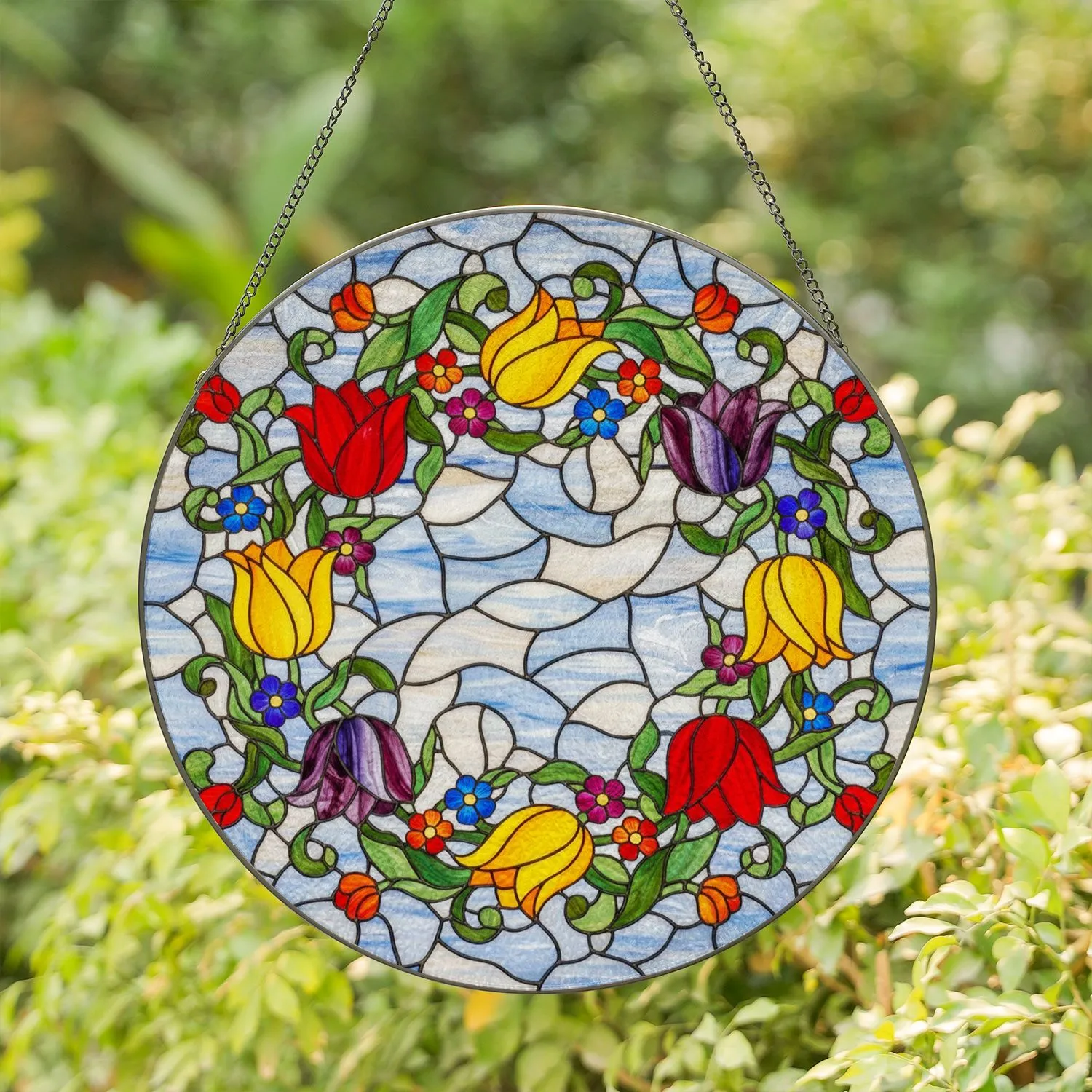 Tulip Floral Wreath Small Flowers Green Leaves Clear Sky Clouds - Home Decor Gift Stained Glass Suncatcher - 1