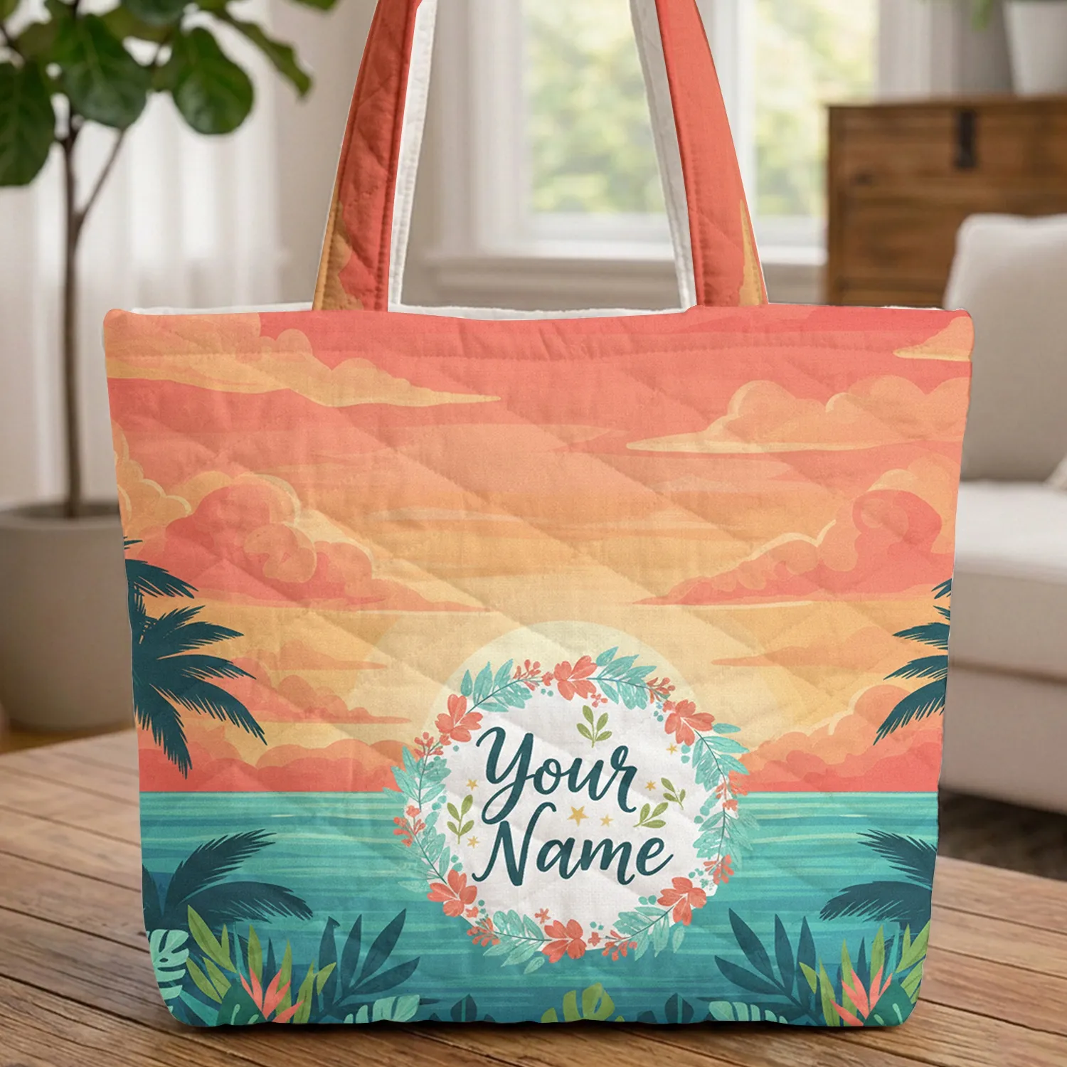 Tropical Sunset Ocean Palm Trees Foliage Floral Wreath - Travel Essentials Quilted Tote Bag - 1