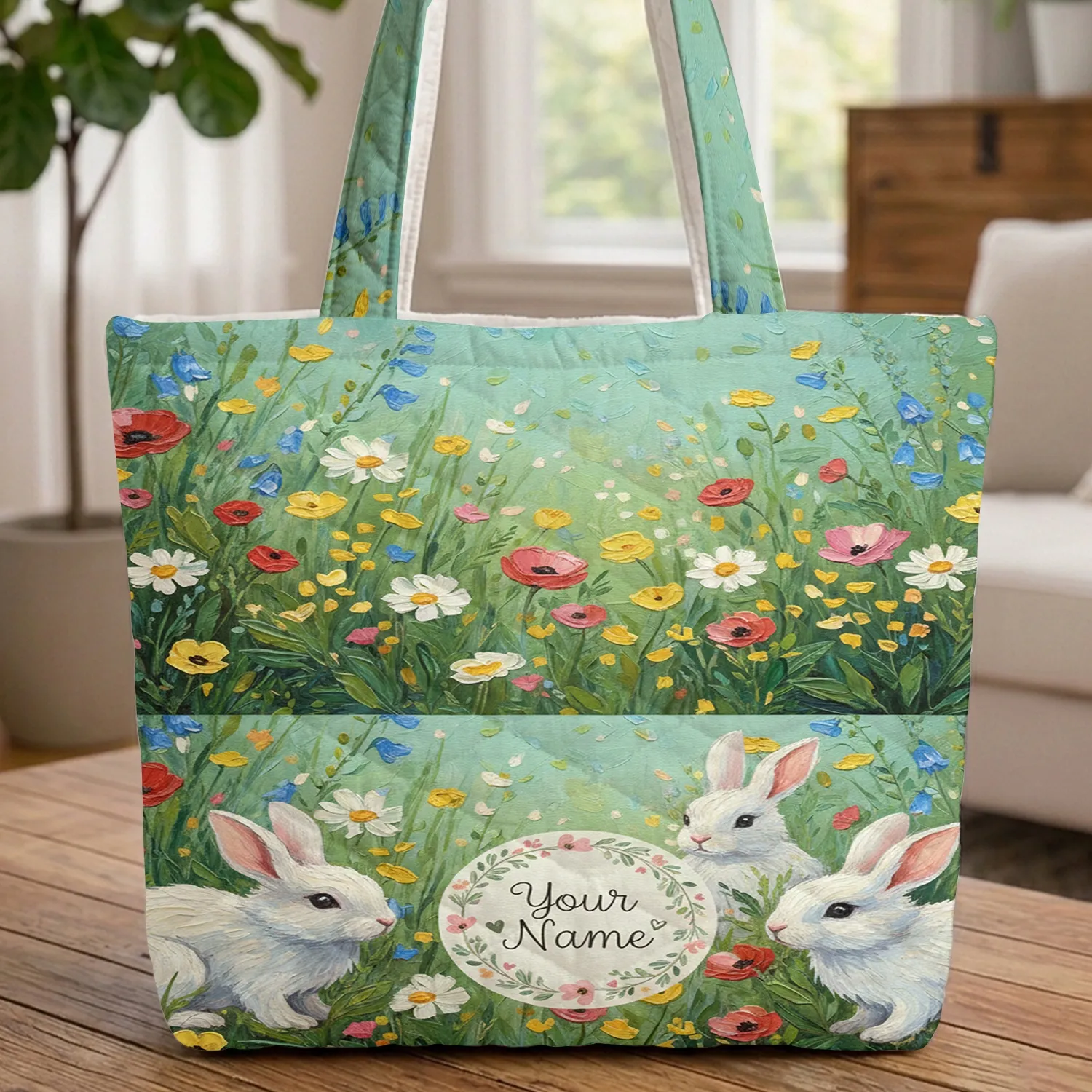 Three White Bunnies Wildflower Garden Floral Foliage - Everyday Carry Gift Quilted Tote Bag - 1