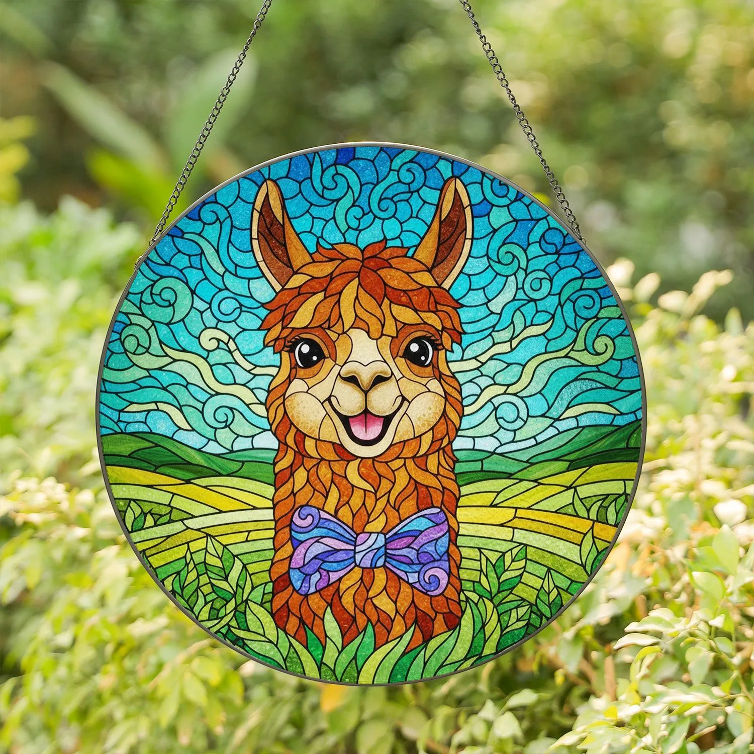 Smiling Llama Alpaca Head Purple Blue Bow Tie Blue Teal Sky Green Hills - Home Decor Gift Stained Glass Suncatcher - 1