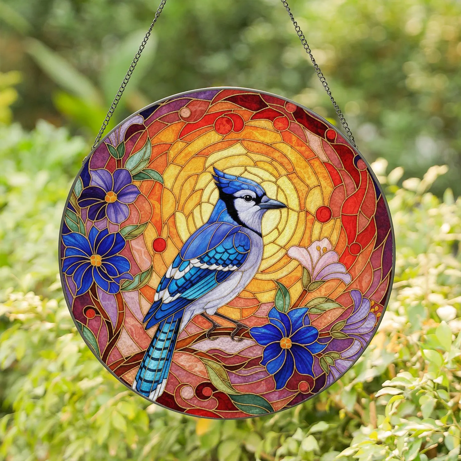 Blue Jay Blooming Flowers Tiffany Glass - Twilight Sunset Mosaic Home Decor Gift Stained Glass Suncatcher - 1