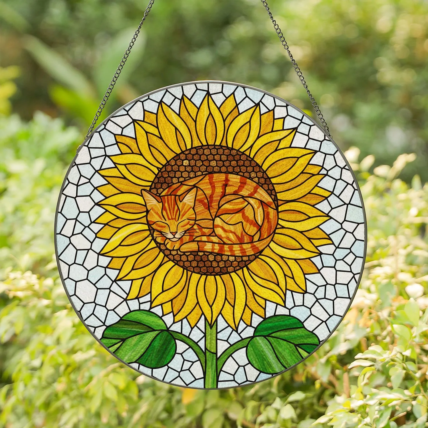 Orange Tabby Cat Sunflower Mosaic Stained Glass - Home Decor Gift for Cat Lover Stained Glass Suncatcher - 1