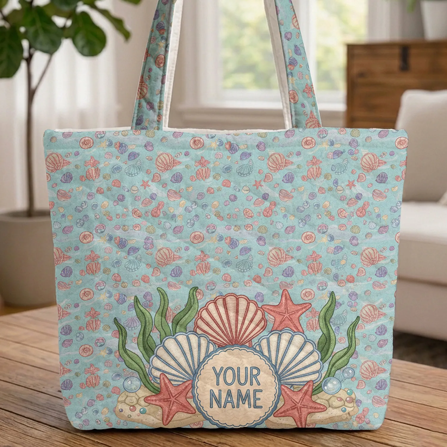 Seashell Starfish Marine Sand Ripple Name Medallion Everyday Carry Gift Quilted Tote Bag - 1