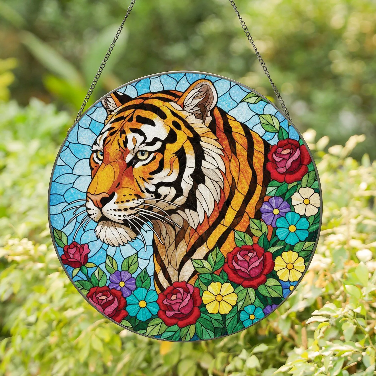 Tiger Head Blooming Roses Flowers Mosaic Sky - Home Decor Gift for Tiger Lover Stained Glass Suncatcher - 1