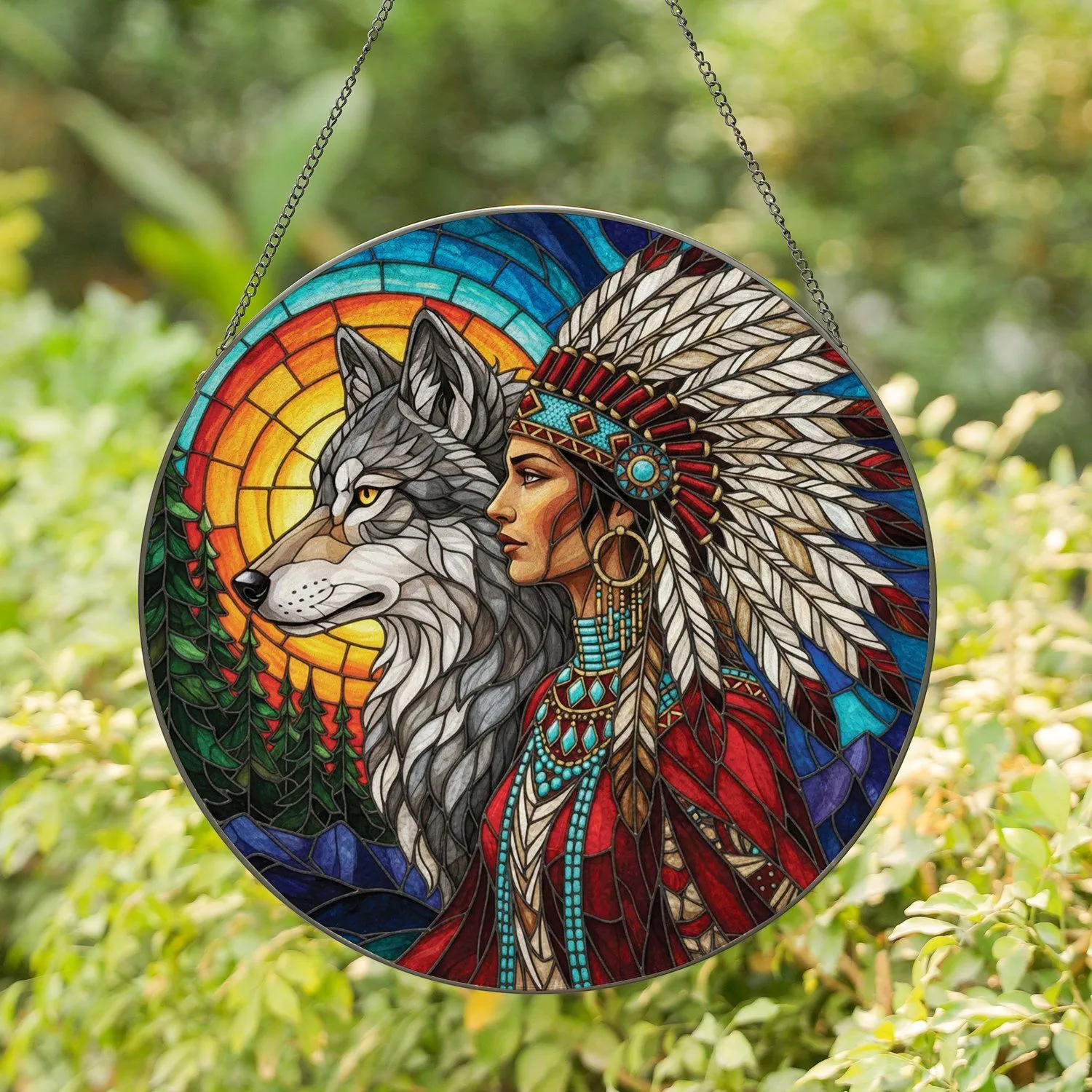 Native American Woman Grey Wolf Setting Sun - Indigenous Culture Home Decor Gift Stained Glass Suncatcher - 1