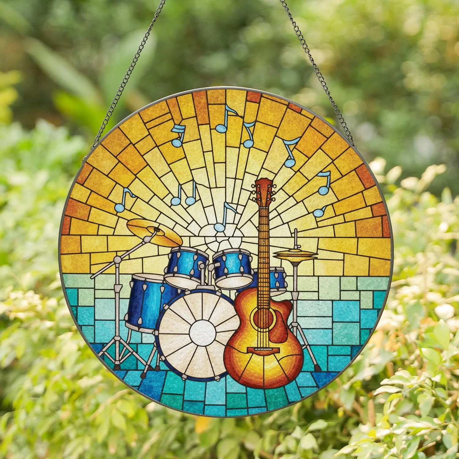 Stained Glass Acoustic Guitar Drum Kit Music Notes - Home Decor Gift for Music Lover Stained Glass Suncatcher - 1