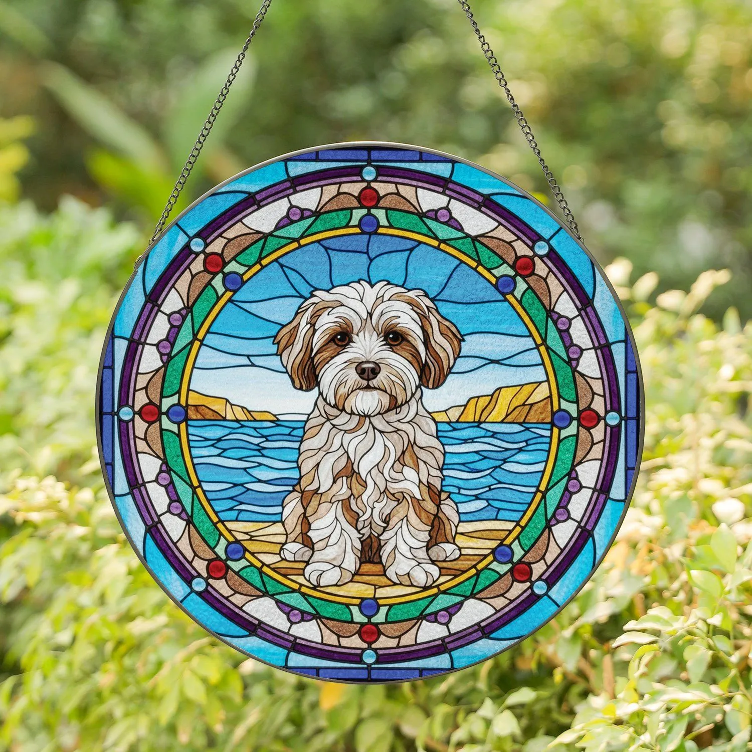Soulful Eyes Fluffy Maltese Dog Seascape Cabochon Border - Thoughtful Home Decor Gift for Dog Lover Stained Glass Suncatcher - 1