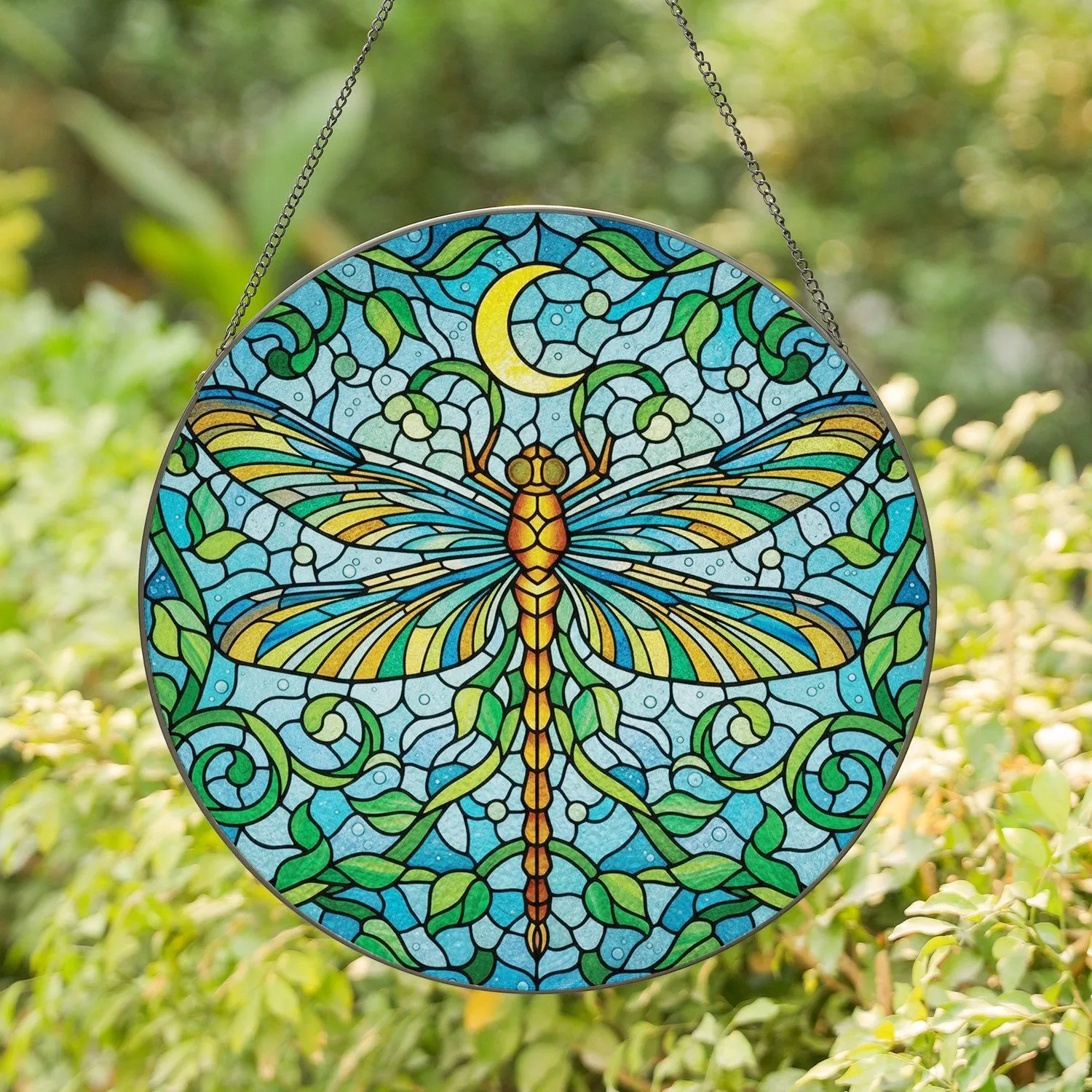 Dragonfly Amber Green Iridescent Wings Crescent Moon Vines - Home Decor Gift for Wildlife Lover Stained Glass Suncatcher - 1