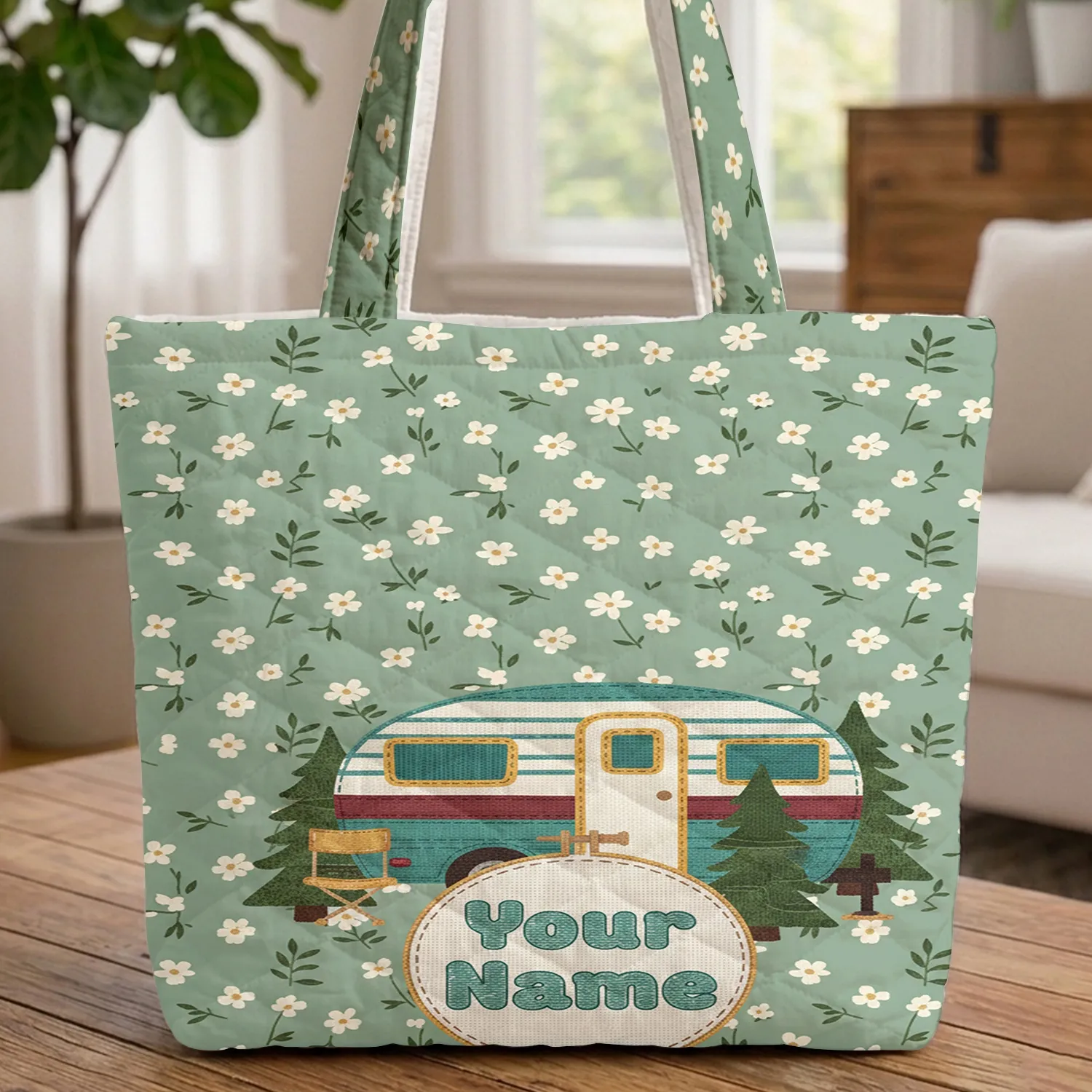 Vintage Camping Trailer Evergreen Wildflower Name Hoop - Travel Essentials Camping Lover Quilted Tote Bag - 1