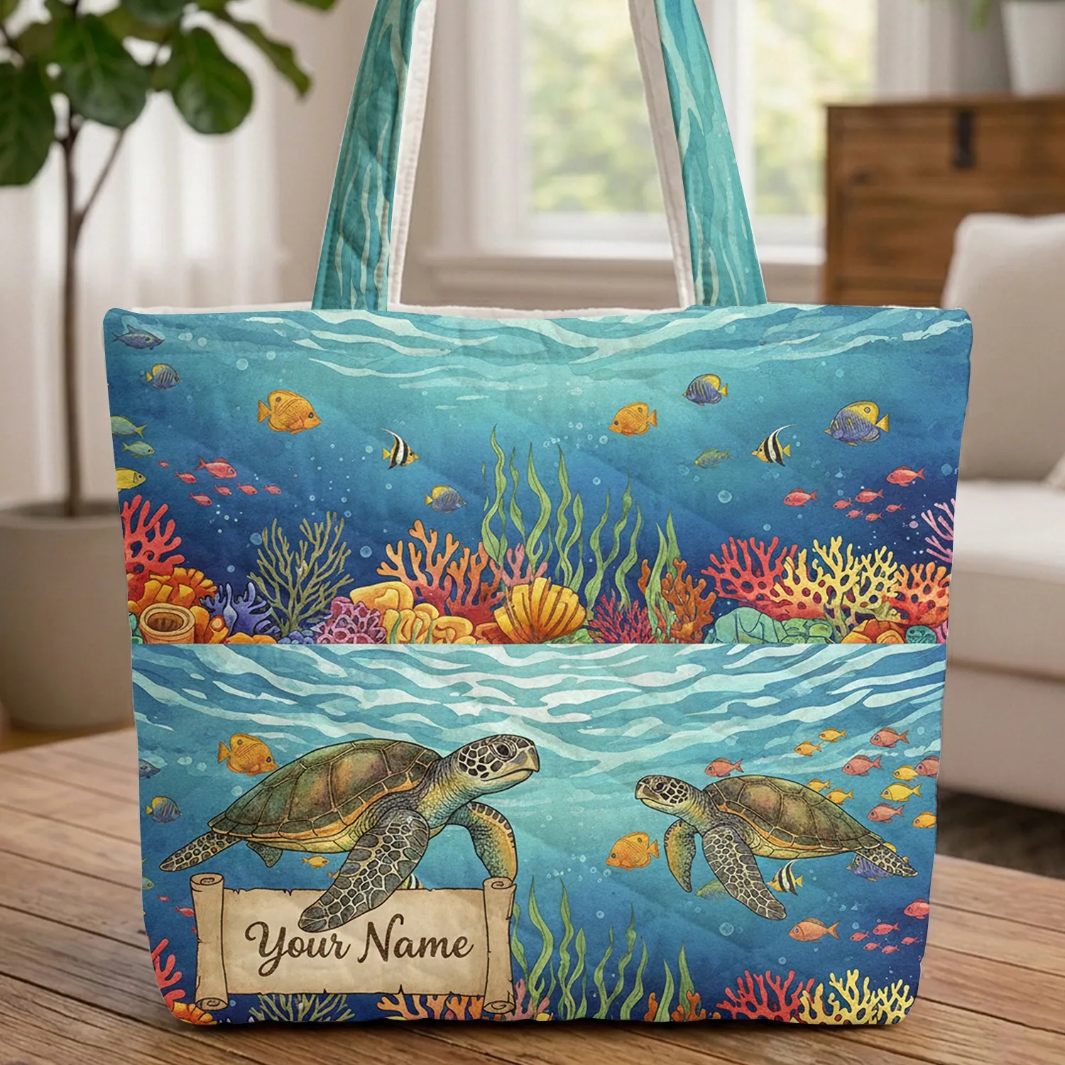 Sea Turtles Coral Reef Tropical Fish Ocean Waves - Wildlife Lover Everyday Carry Gift Quilted Tote Bag - 1
