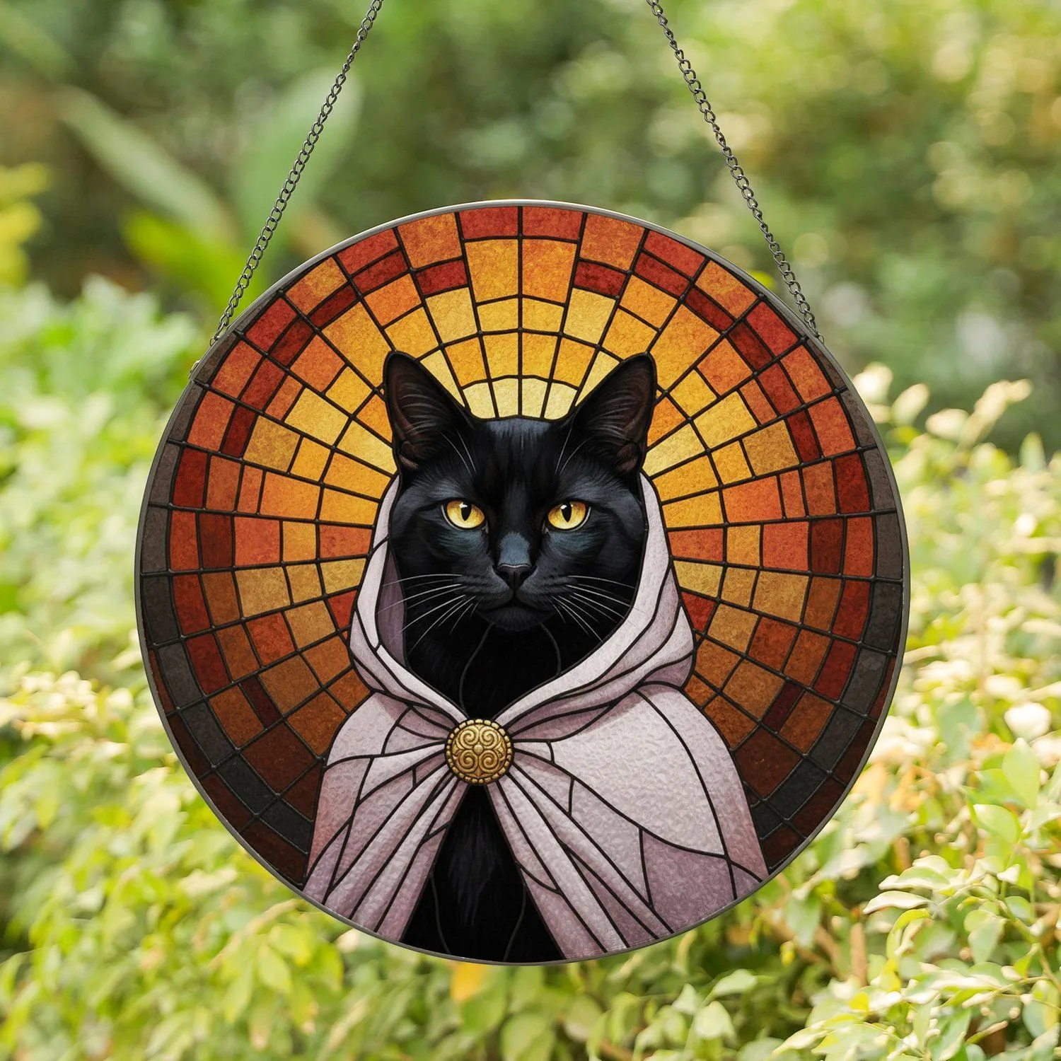 Regal Black Cat Hooded Cloak Mosaic - Home Decor Gift for Cat Lover Stained Glass Suncatcher - 1