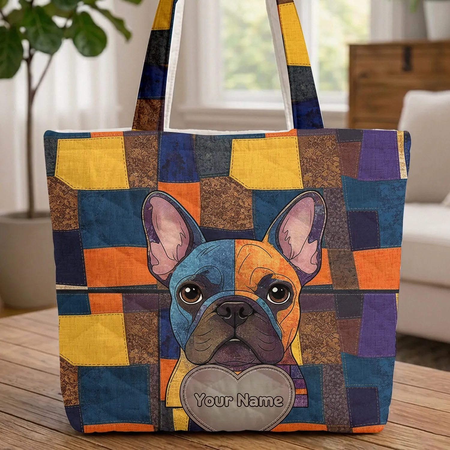 Colorful Mosaic Patchwork French Bulldog Heart - Everyday Carry Travel Essentials Gift for Pet Lover Quilted Tote Bag - 1