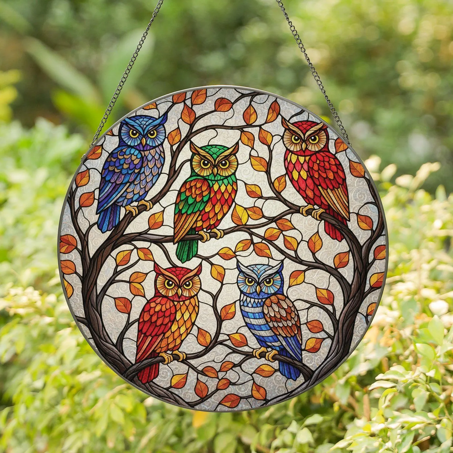 Six Colorful Owls Perched Tree Branches Autumn Leaves - Wildlife Lover Home Decor Gift Stained Glass Suncatcher - 1