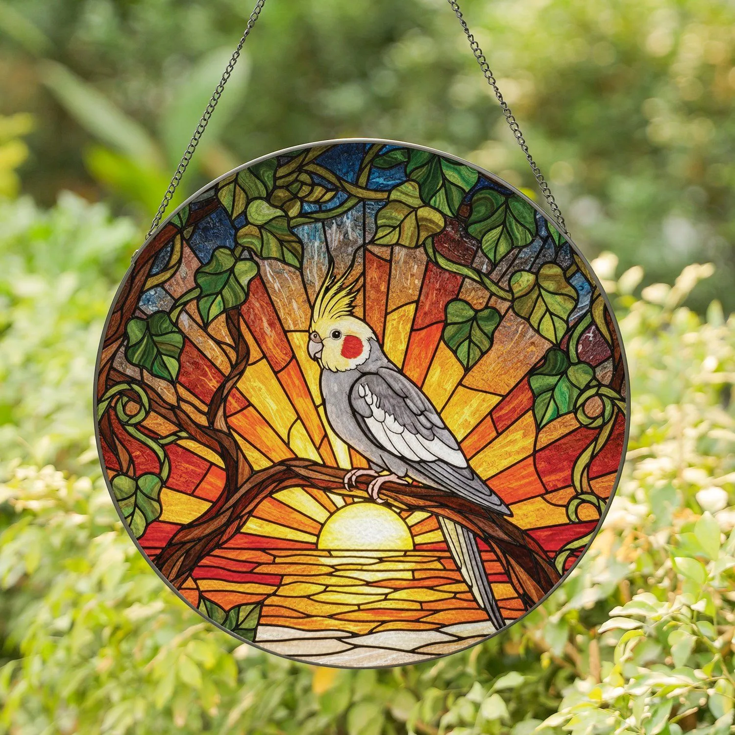 Cockatiel Bird Green Foliage Sunset Ocean Horizon - Home Decor Gift for Bird Lover Stained Glass Suncatcher - 1