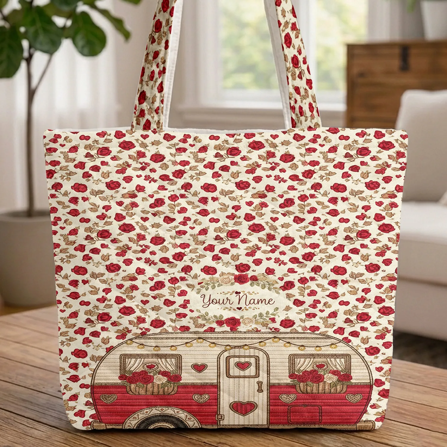 Ornate Vintage Camper Van Hearts Roses Floral Wreath - Valentine's Day Everyday Carry Gift Quilted Tote Bag - 1
