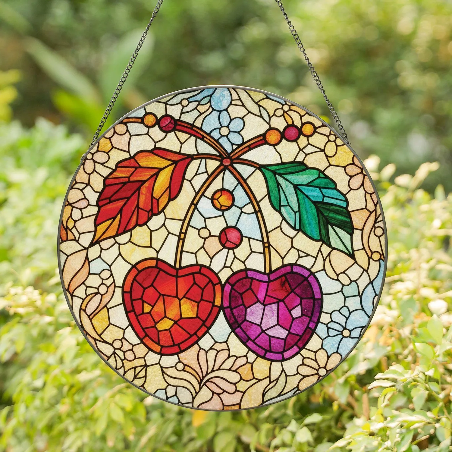 Tiffany Style Heart Cherries Leaves - Sunlit Home Decor Gift Stained Glass Suncatcher - 1