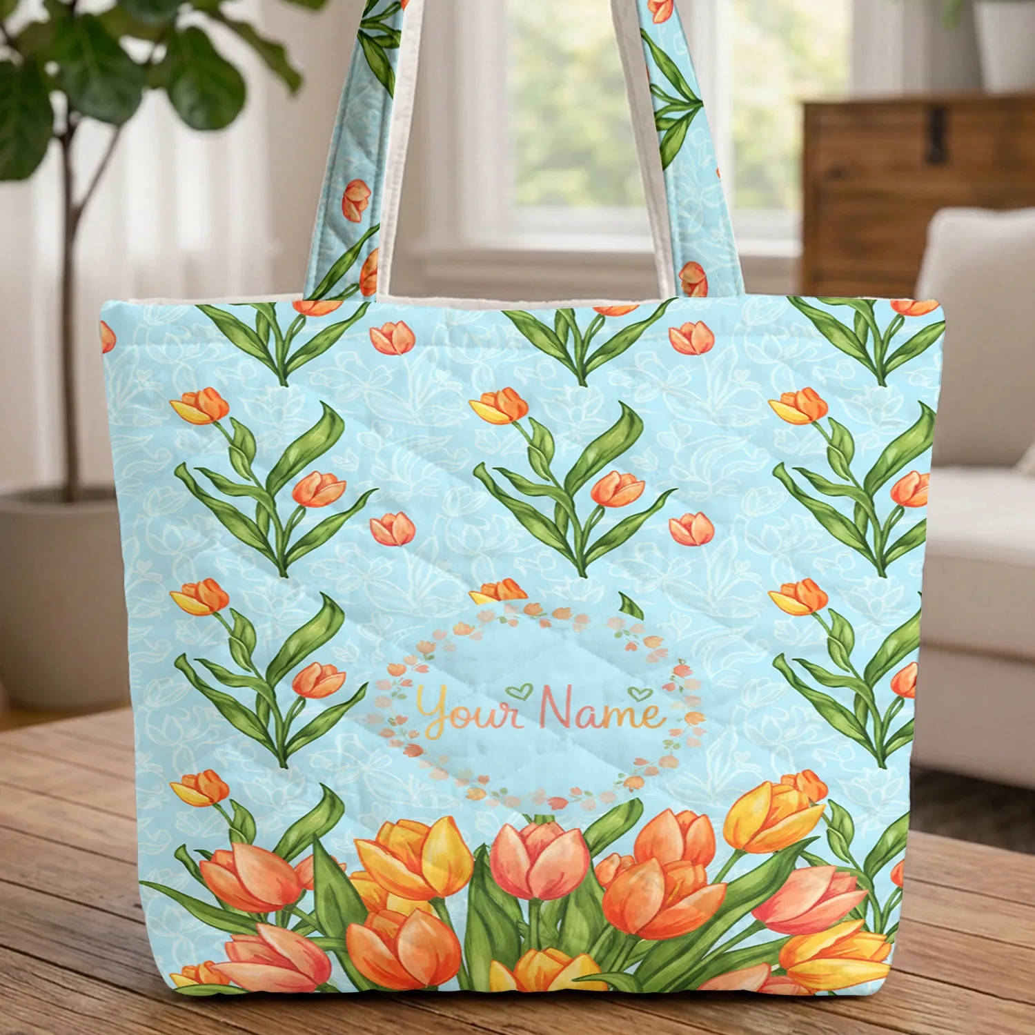 Tulips Garden Bouquet Heart Wreath Green Foliage - Everyday Carry Gift Quilted Tote Bag - 1