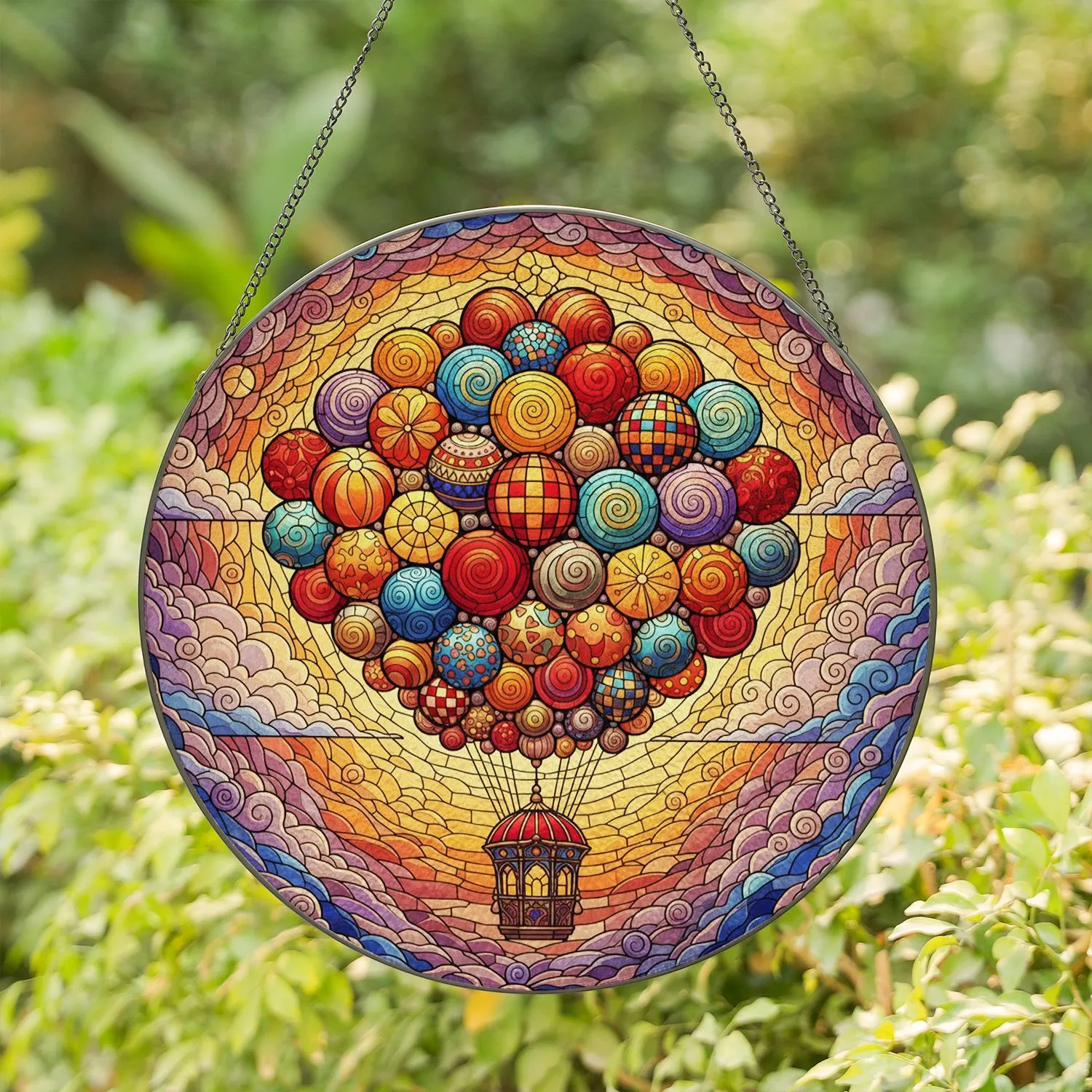 Hot Air Balloon Spherical Balloons Ornate Dome Celestial Clouds - Home Decor Gift Stained Glass Suncatcher - 1