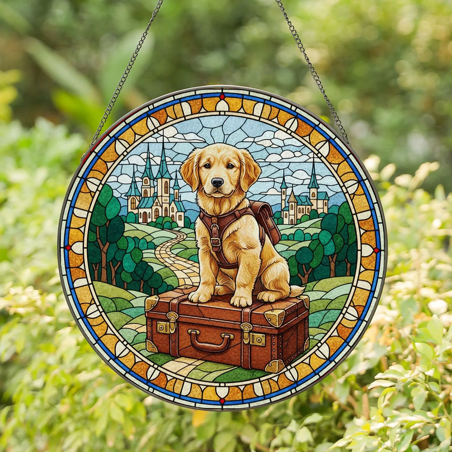 Golden Retriever Puppy on Suitcase Outdoor Pathway - Home Decor Gift for Dog Lover Stained Glass Suncatcher - 1